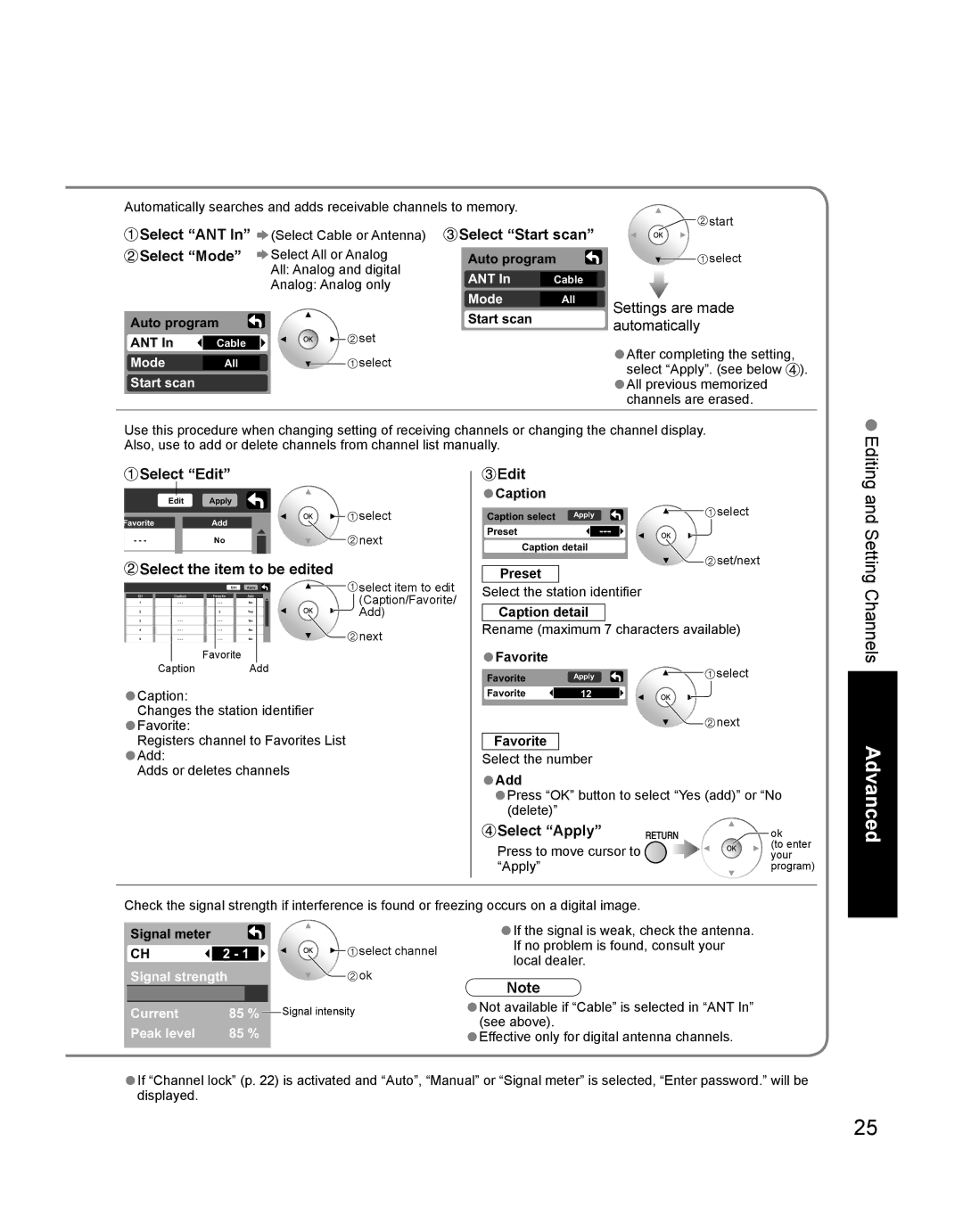 Panasonic TH-42PD60U, TH-42PD60X Select Start scan, Select Mode, Select Edit, Select the item to be edited, Select Apply 