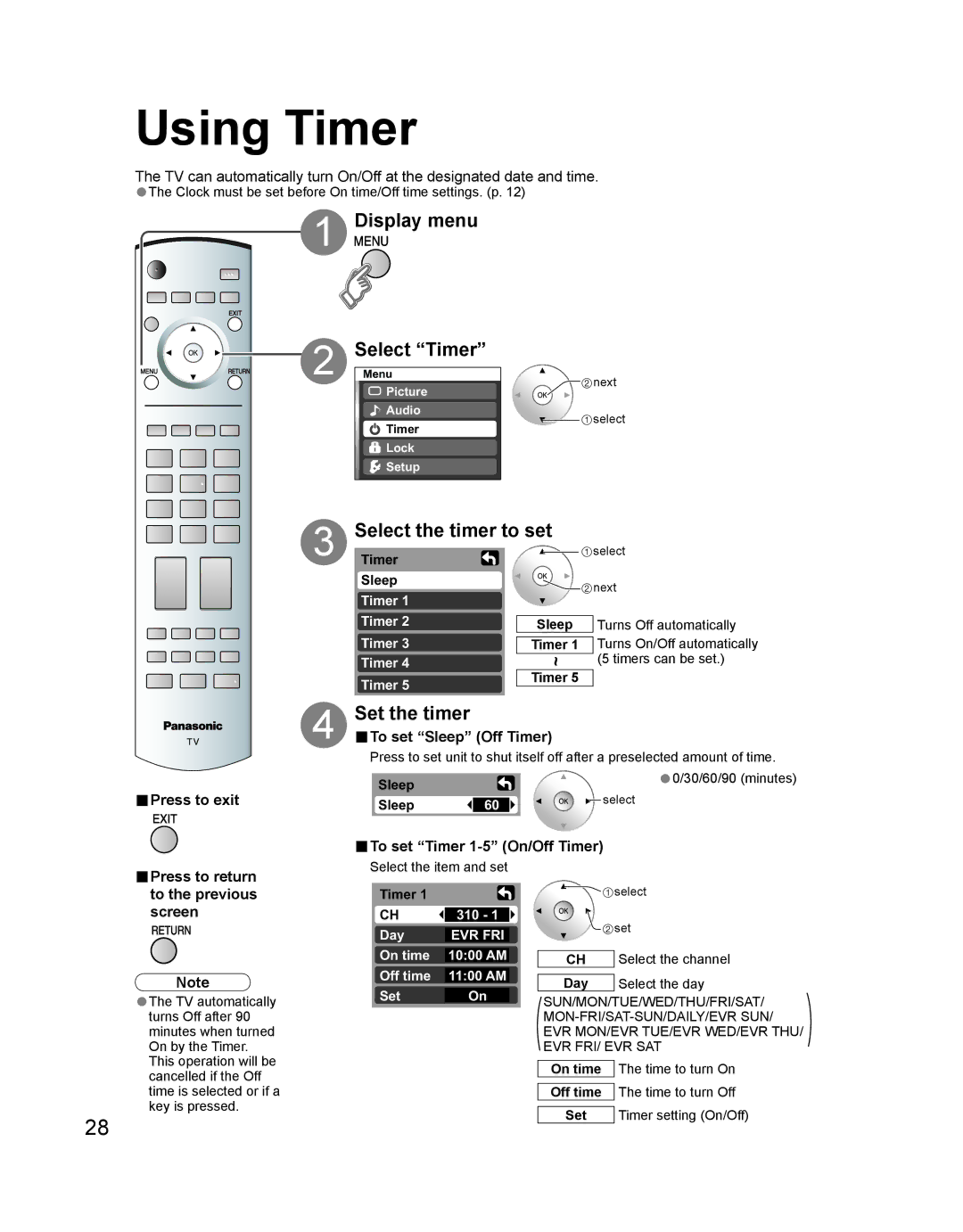 Panasonic TH 42PD60U, TH-42PD60U, TH-42PD60X manual Using Timer, Display menu, Select the timer to set, Set the timer 