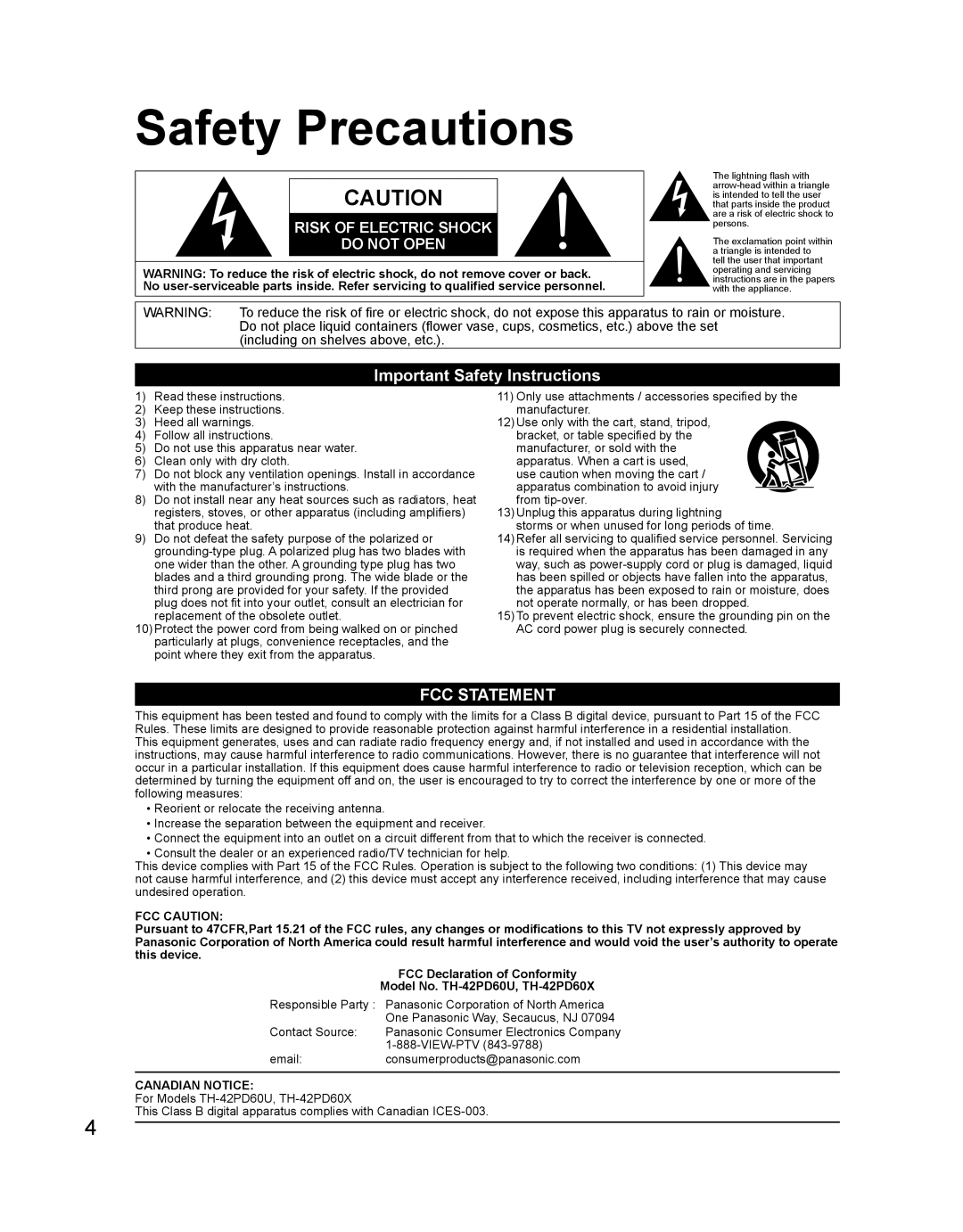 Panasonic TH 42PD60U, TH-42PD60U, TH-42PD60X manual Safety Precautions, Important Safety Instructions 