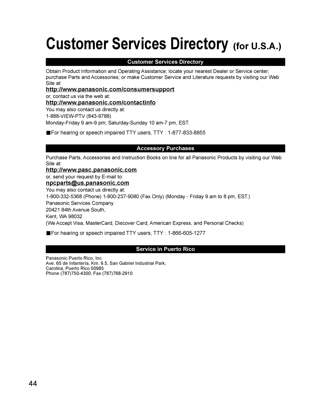 Panasonic TH 42PD60U, TH-42PD60U, TH-42PD60X manual Customer Services Directory, Accessory Purchases, Service in Puerto Rico 