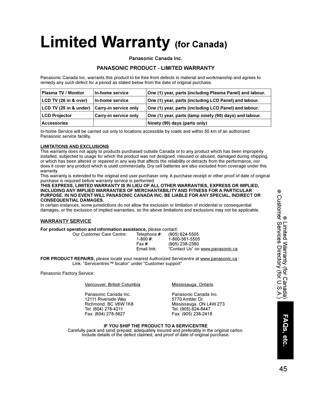 Panasonic TH-42PD60U, TH-42PD60X, TH 42PD60U manual Limited Warranty for Canada, Panasonic Canada Inc 