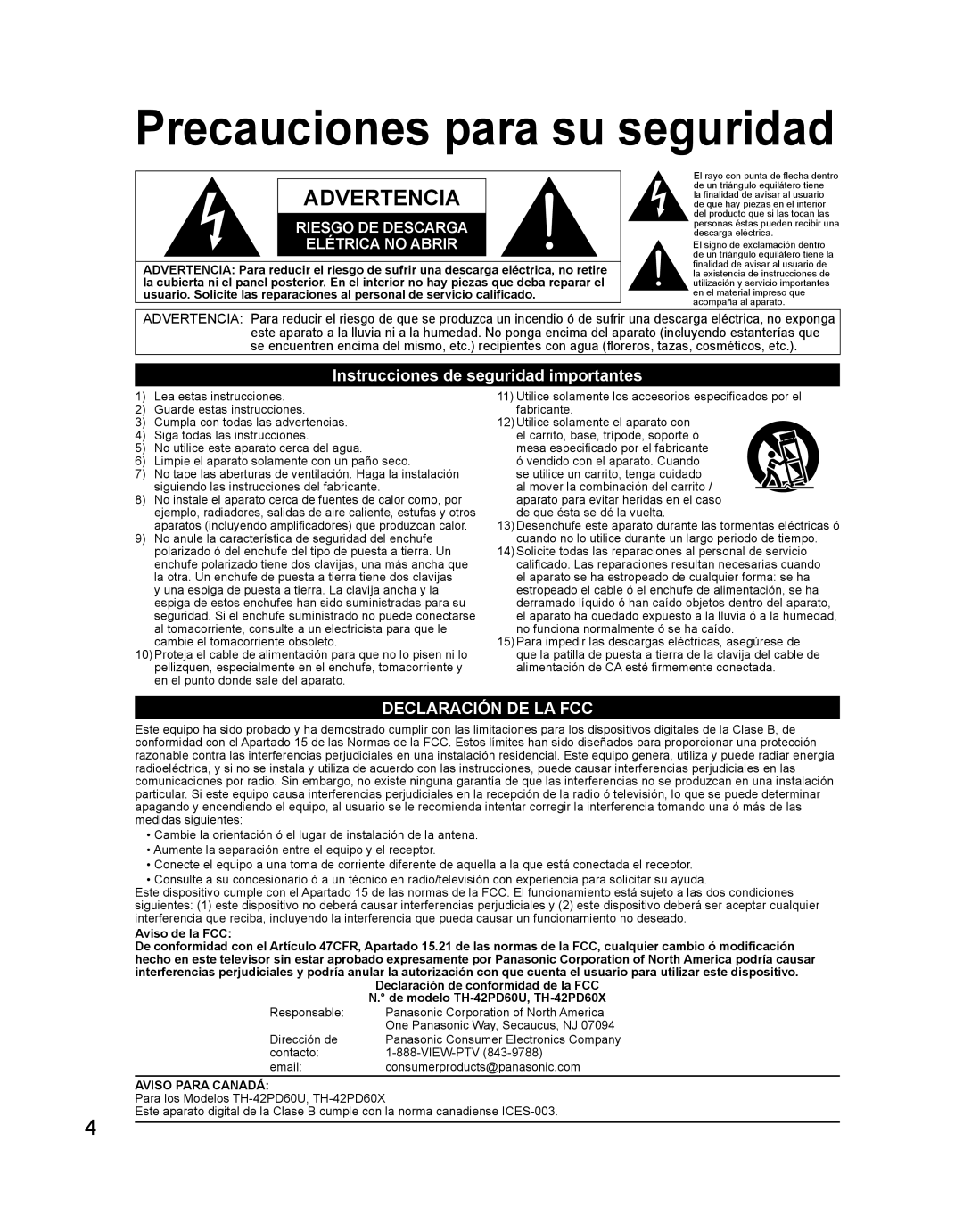 Panasonic TH 42PD60U, TH-42PD60U, TH-42PD60X manual Precauciones para su seguridad, Instrucciones de seguridad importantes 