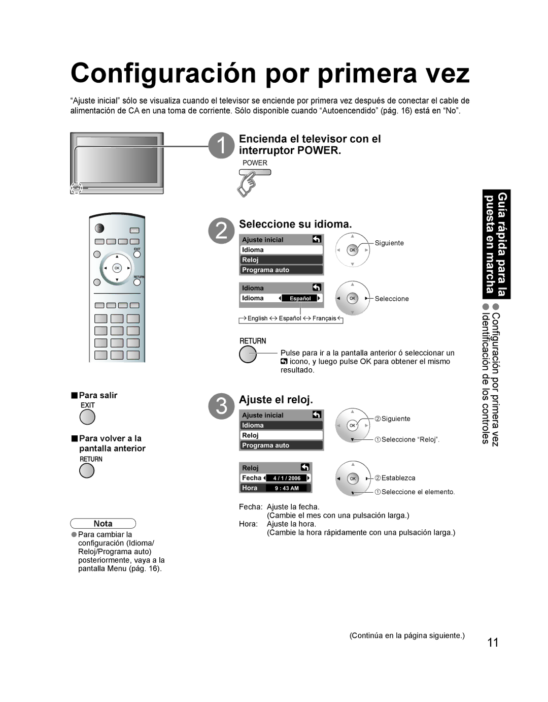 Panasonic TH-42PD60U, TH-42PD60X Configuración por primera vez, Interruptor Power, Seleccione su idioma, Ajuste el reloj 