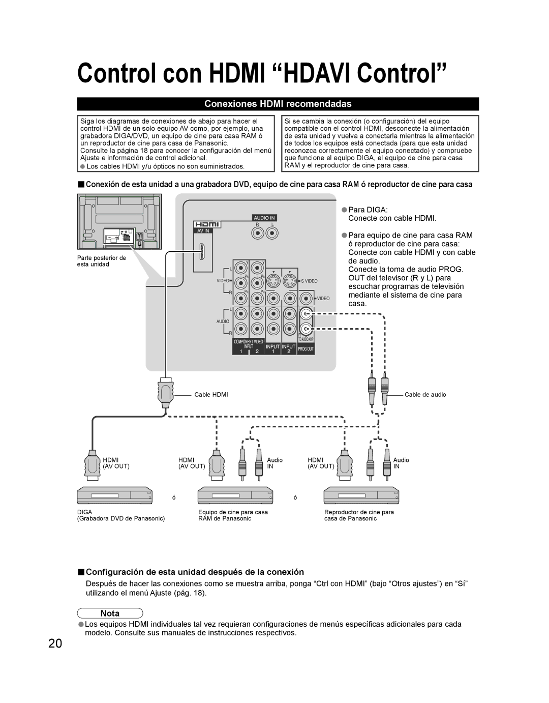 Panasonic TH 42PD60U manual Conexiones Hdmi recomendadas, Configuración de esta unidad después de la conexión 