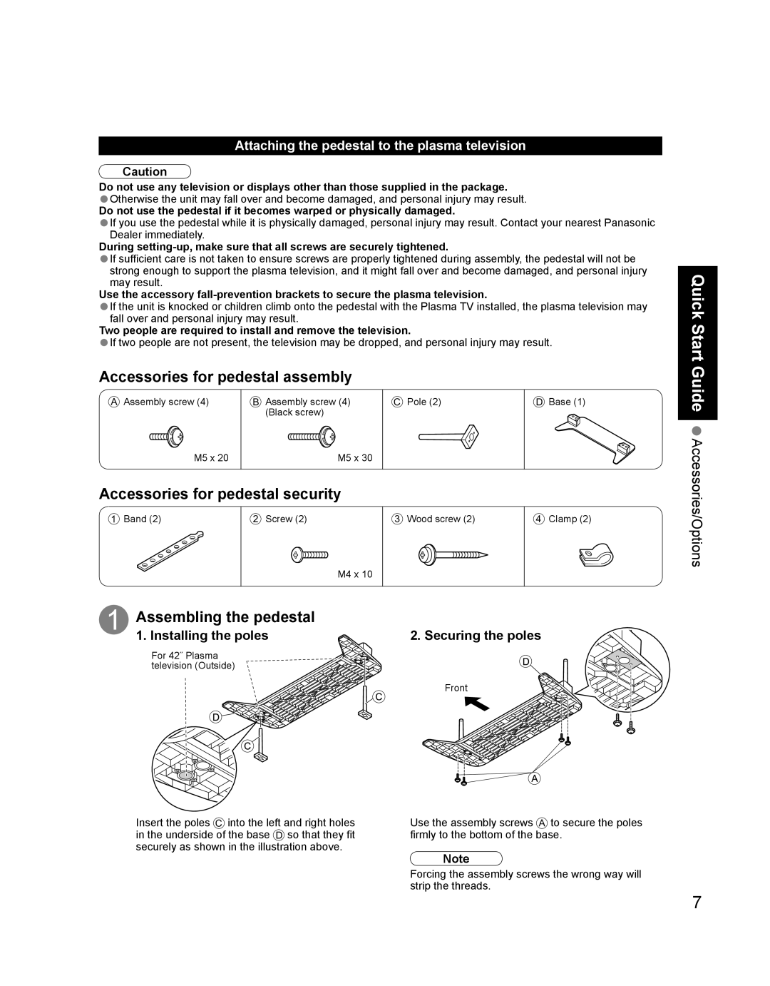 Panasonic TH-42PD60U, TH-42PD60X, TH 42PD60U manual Accessories for pedestal assembly, Accessories for pedestal security 