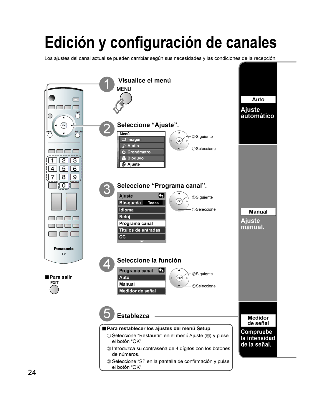 Panasonic TH 42PD60U, TH-42PD60U, TH-42PD60X Ajuste automático, Seleccione Programa canal, Ajuste manual 