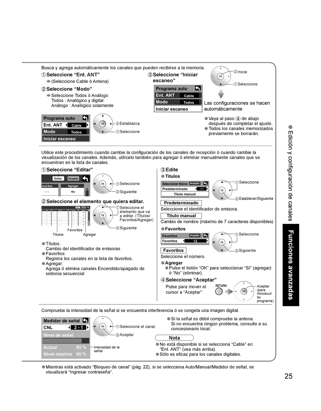 Panasonic TH-42PD60U, TH-42PD60X manual Seleccione Ent. ANT Seleccione Iniciar, Escaneo, Seleccione Modo, Seleccione Editar 