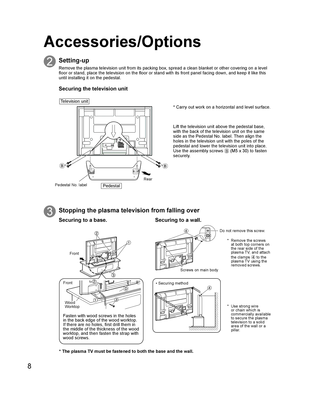 Panasonic TH 42PD60U manual Setting-up, Stopping the plasma television from falling over, Securing the television unit 