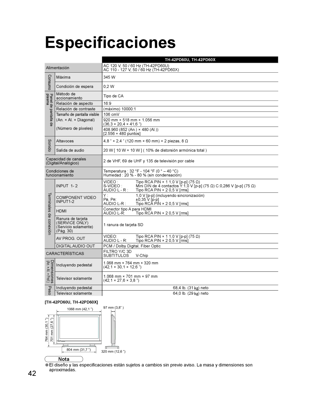 Panasonic TH 42PD60U, TH-42PD60U, TH-42PD60X manual Especificaciones, Características 