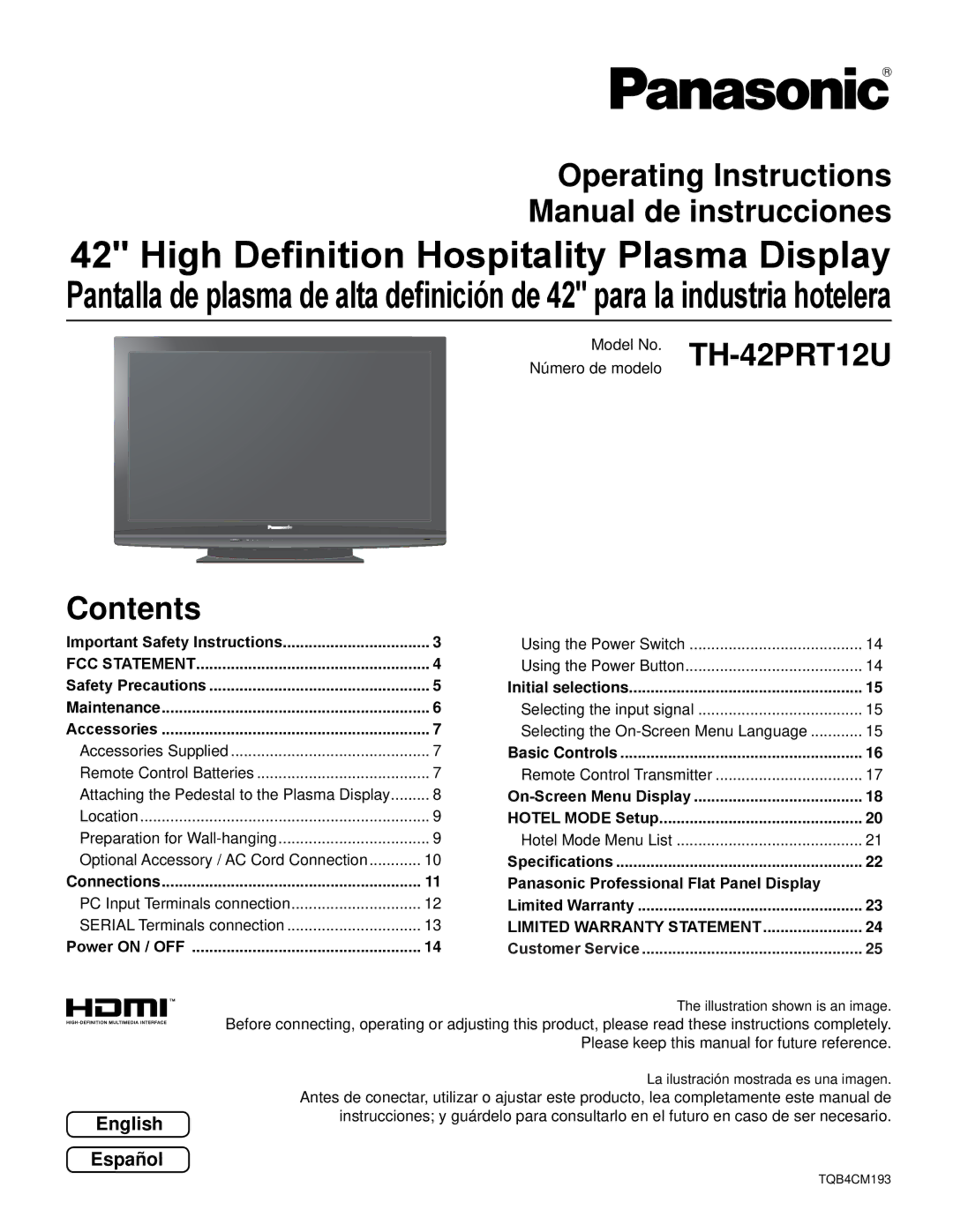 Panasonic operating instructions Operating Instructions Manual de instrucciones, Model No. TH-42PRT12U, Contents 