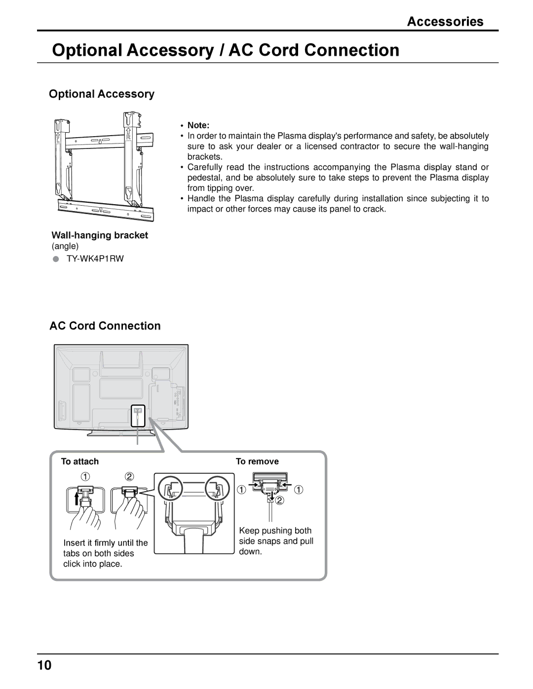 Panasonic TH-42PRT12U operating instructions Optional Accessory / AC Cord Connection, To attach, To remove 