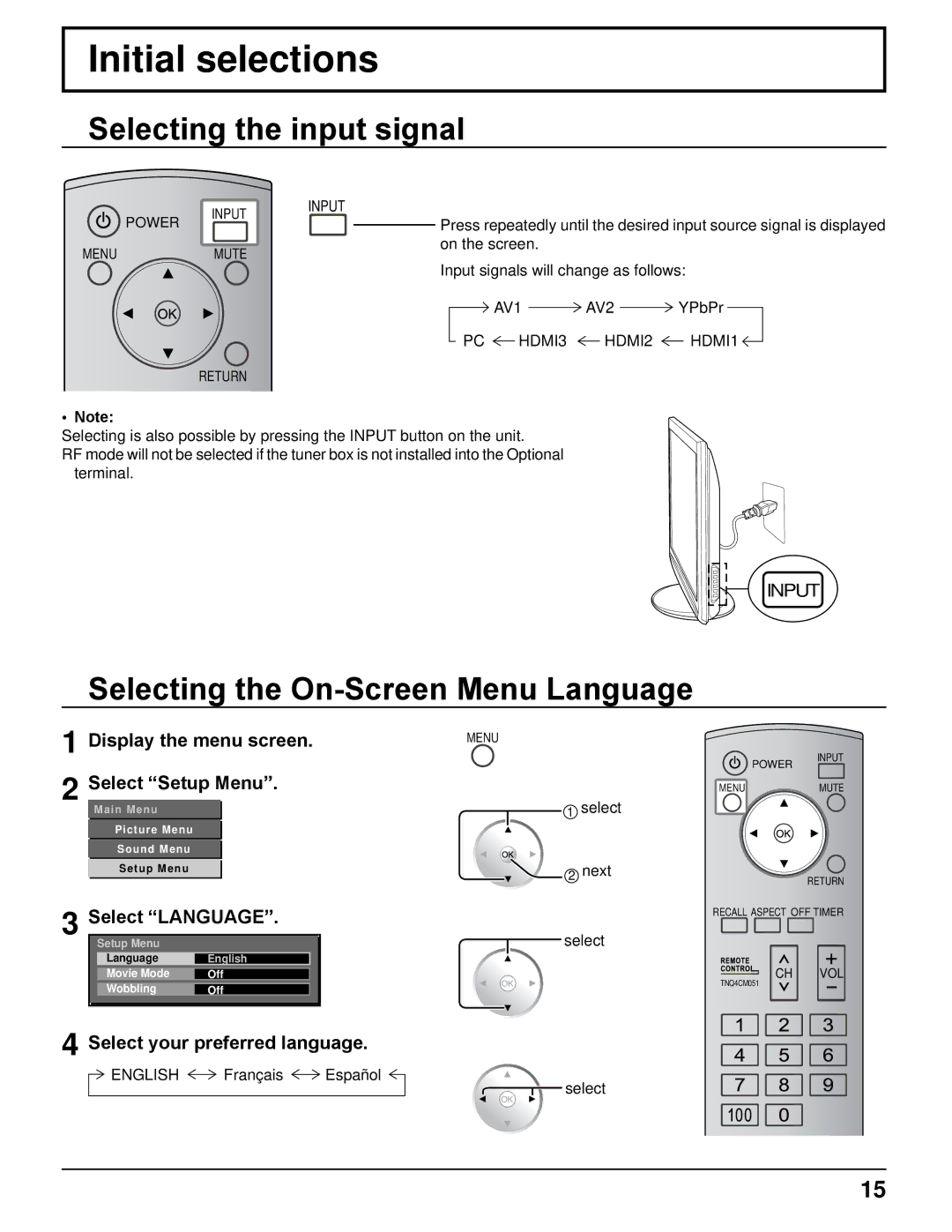 Panasonic TH-42PRT12U Initial selections, Selecting the input signal, Selecting the On-Screen Menu Language 