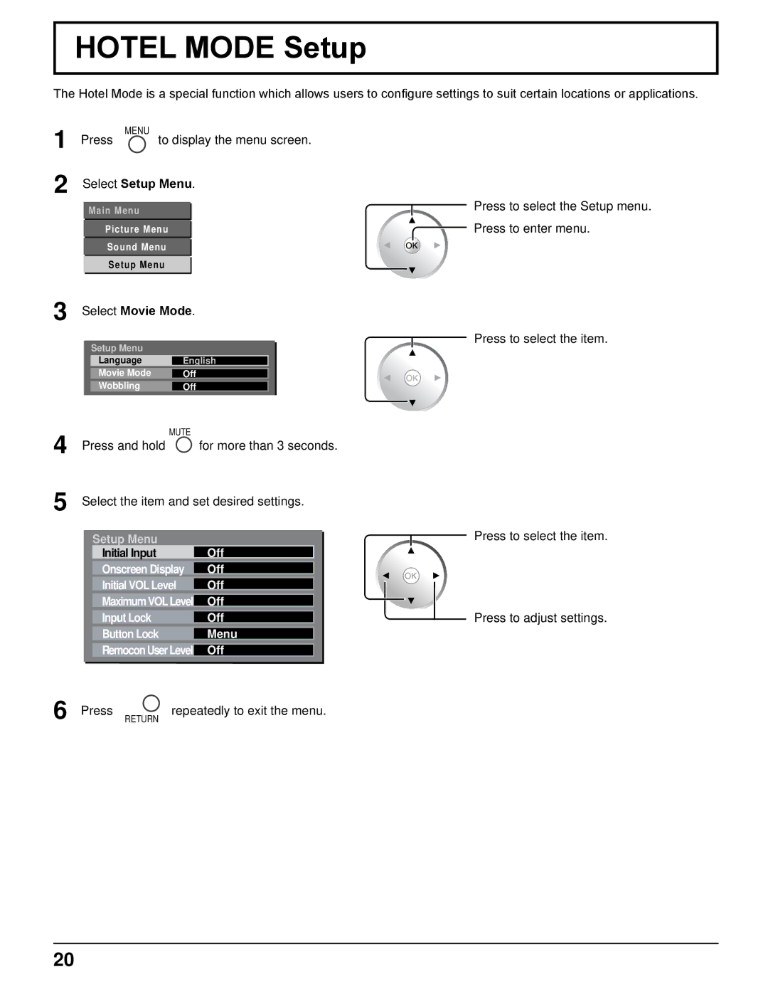 Panasonic TH-42PRT12U operating instructions Hotel Mode Setup, Select Setup Menu 