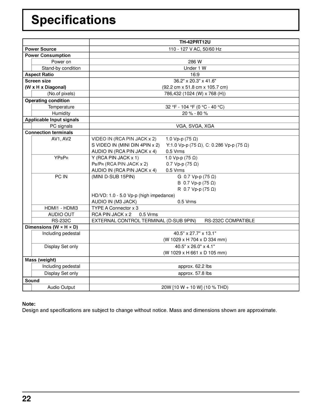 Panasonic TH-42PRT12U operating instructions Specifications 