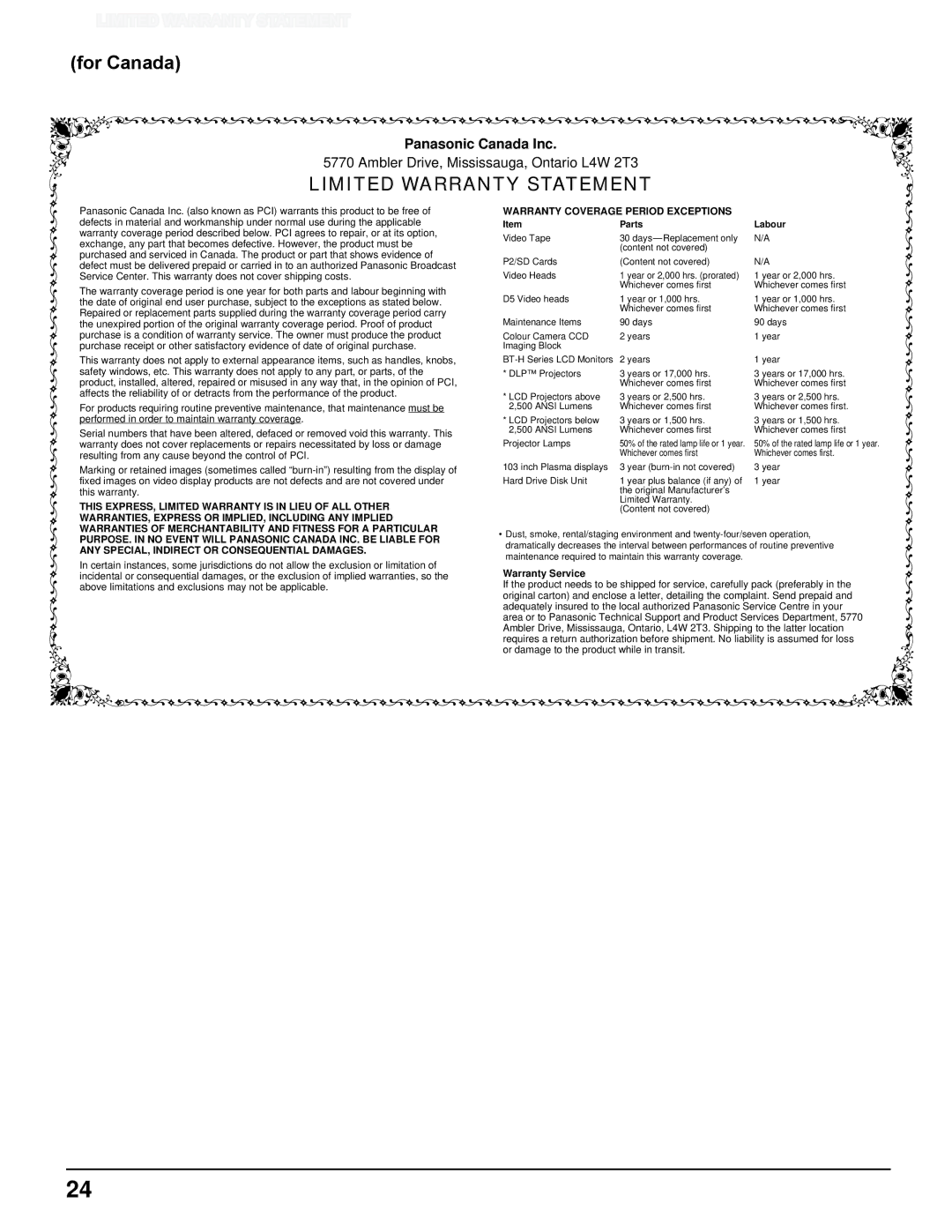 Panasonic TH-42PRT12U operating instructions For Canada, Limited Warranty Statement 