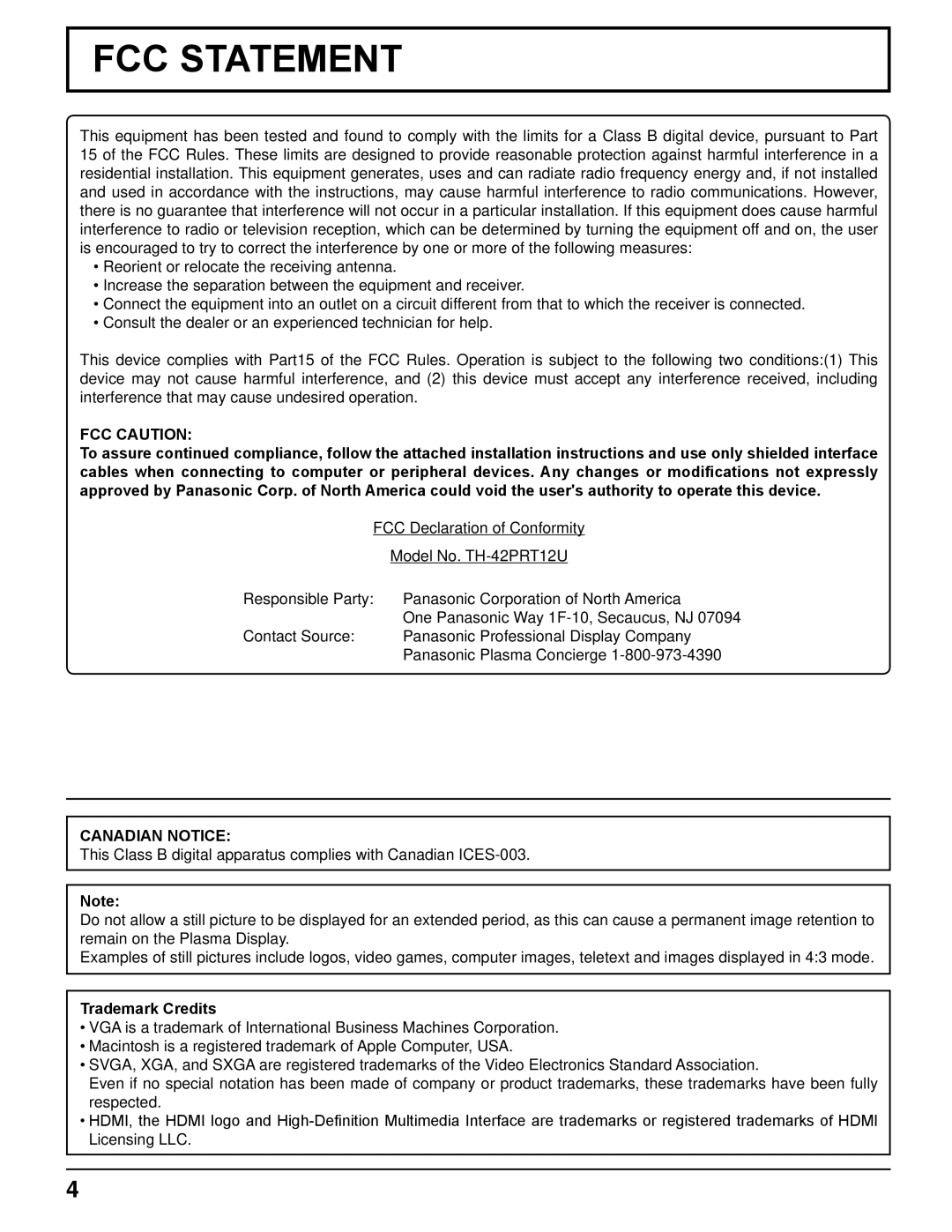 Panasonic TH-42PRT12U operating instructions FCC Statement, Trademark Credits 