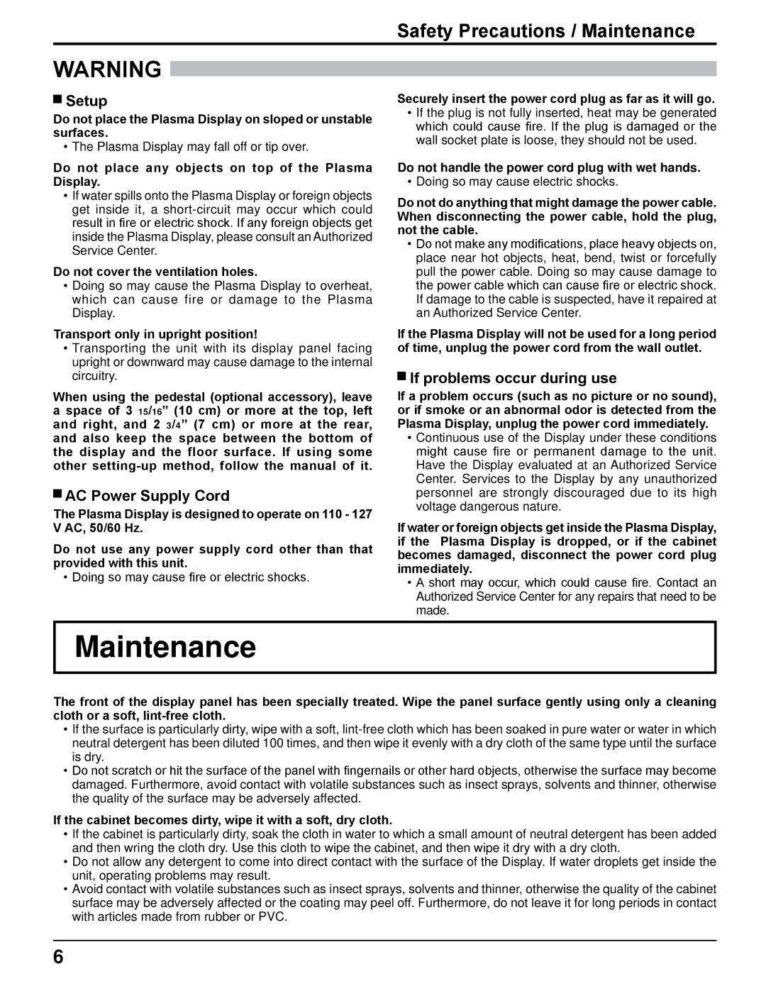 Panasonic TH-42PRT12U operating instructions Maintenance, Setup, AC Power Supply Cord, If problems occur during use 