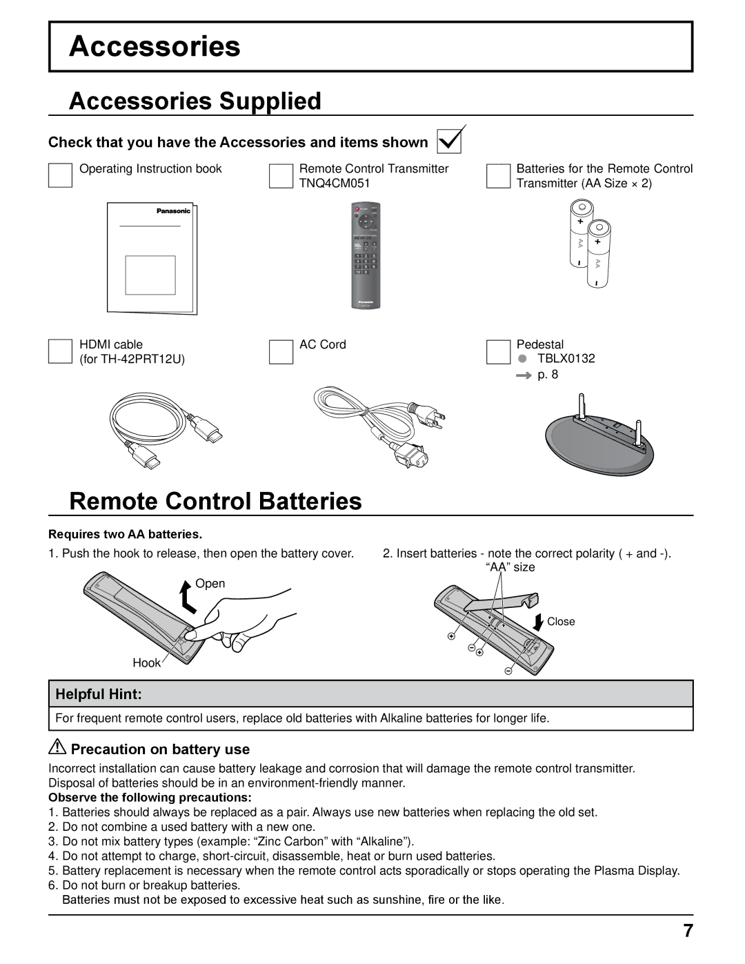 Panasonic TH-42PRT12U operating instructions Accessories Supplied, Remote Control Batteries 