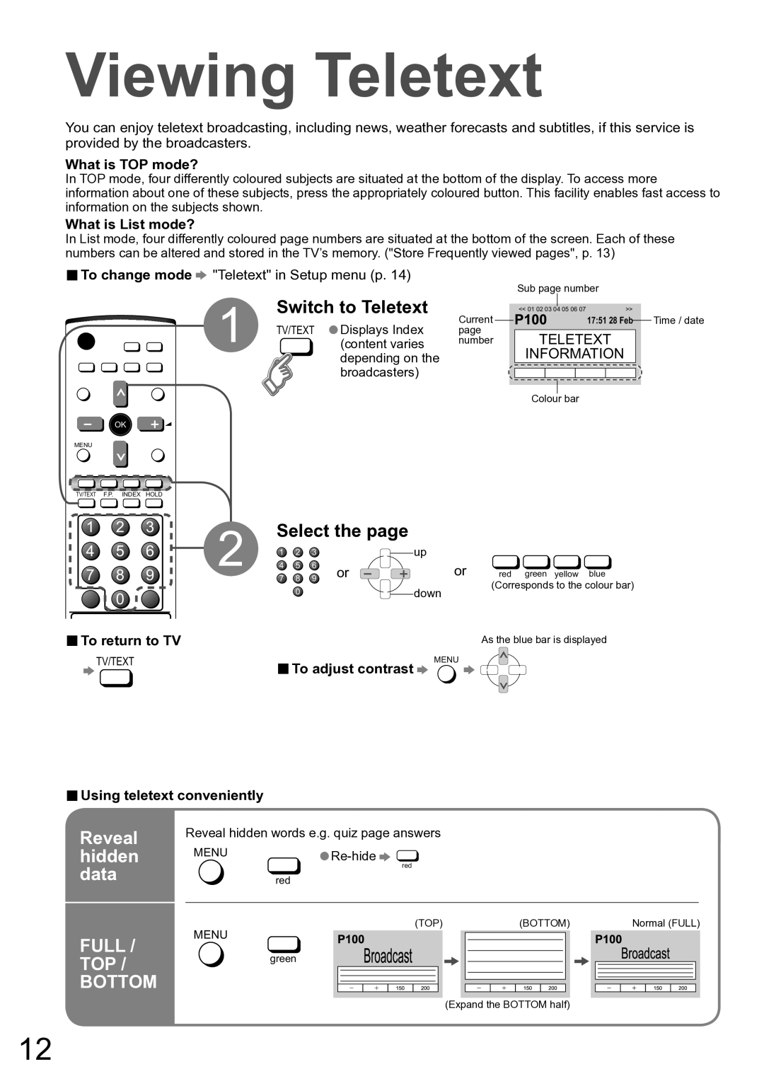 Panasonic TH-42PV60A manual Viewing Teletext, Reveal, Hidden, Data 