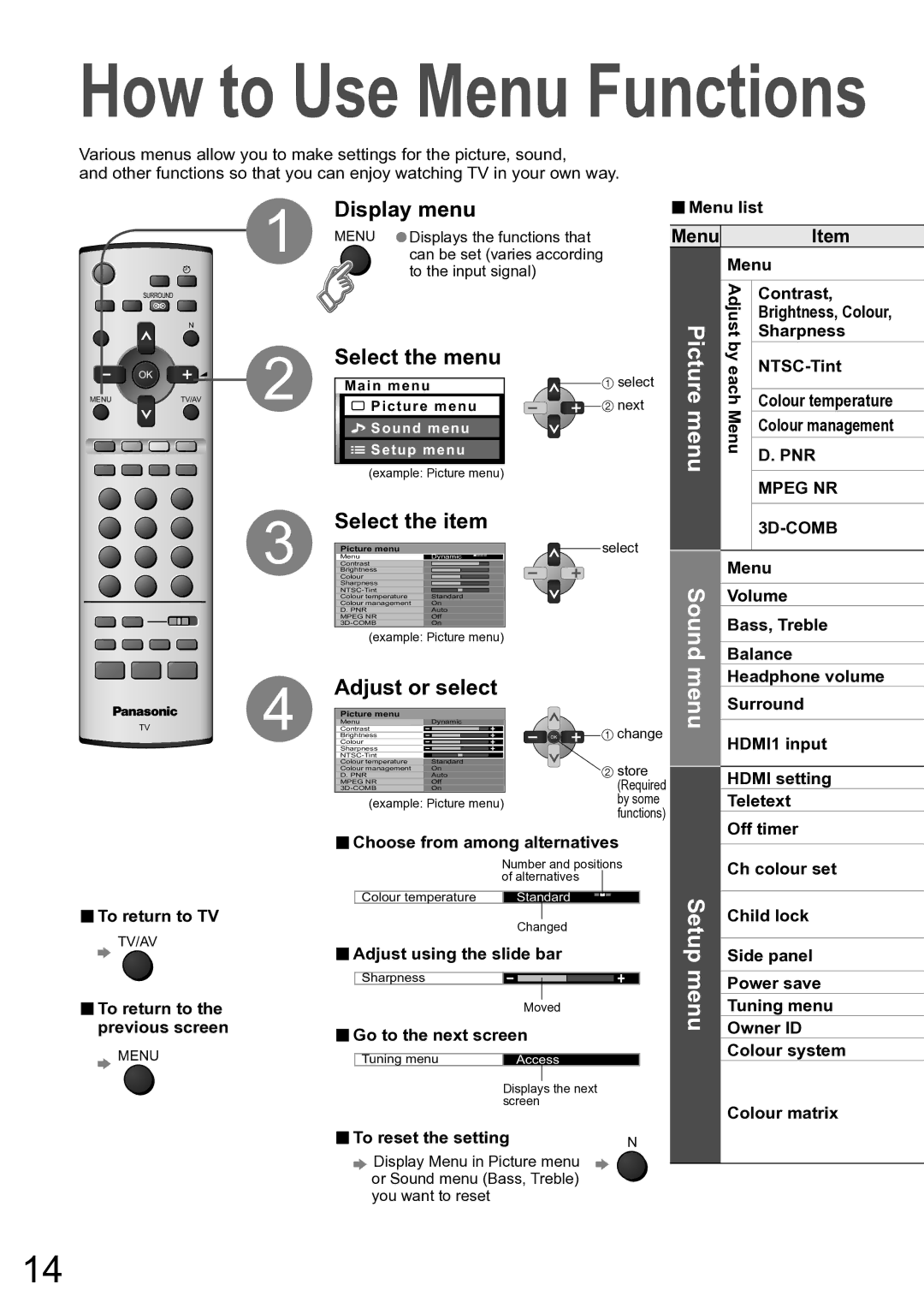 Panasonic TH-42PV60A manual Display menu, Select the menu, Select the item, Adjust or select, Menu 