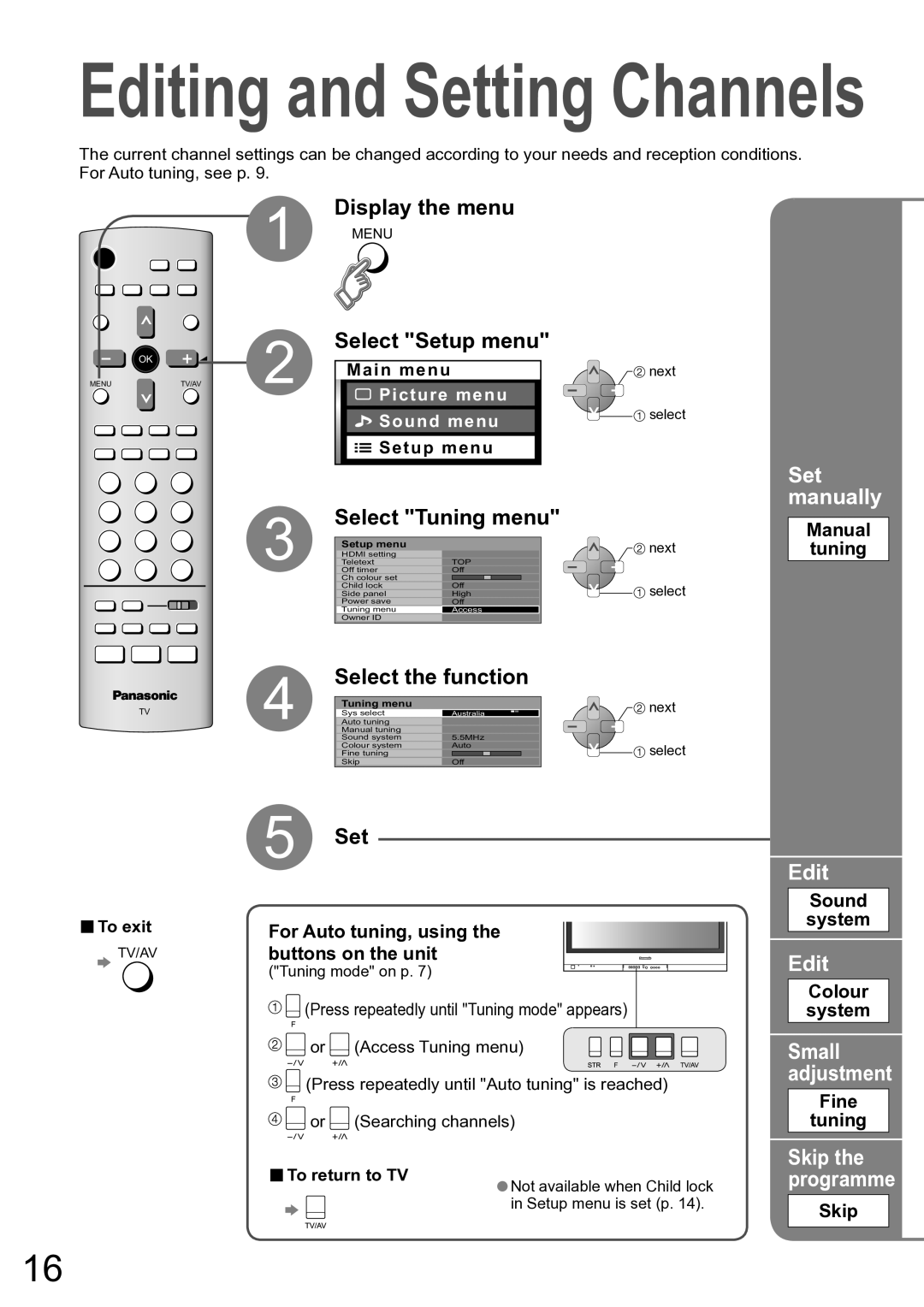 Panasonic TH-42PV60A Select the function, Set manually, Edit 