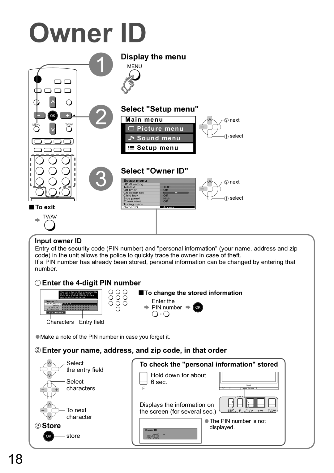 Panasonic TH-42PV60A manual Select Owner ID, Input owner ID, To check the personal information stored 