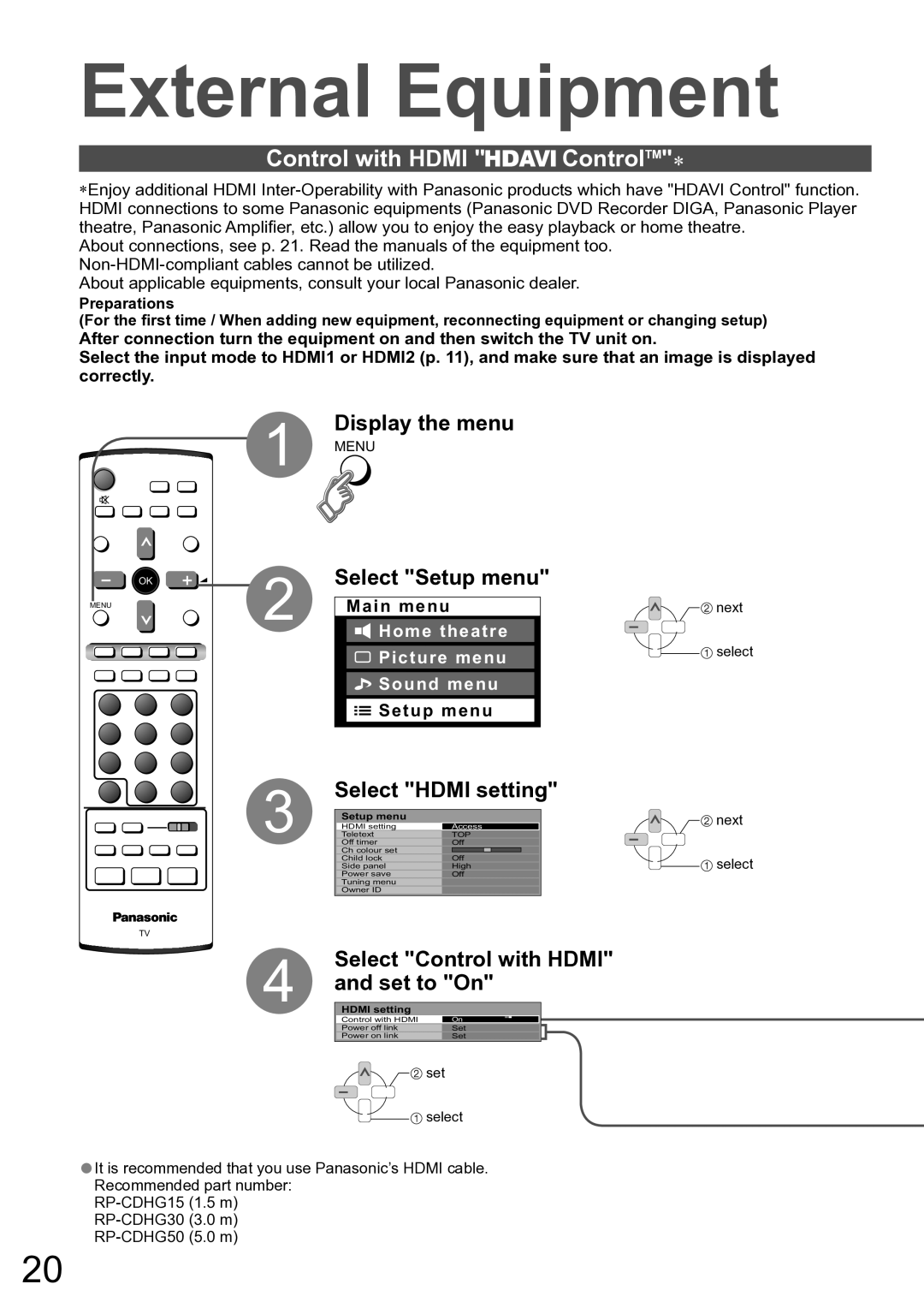 Panasonic TH-42PV60A manual External Equipment, Control with Hdmi ControlTM∗, Select Hdmi setting 