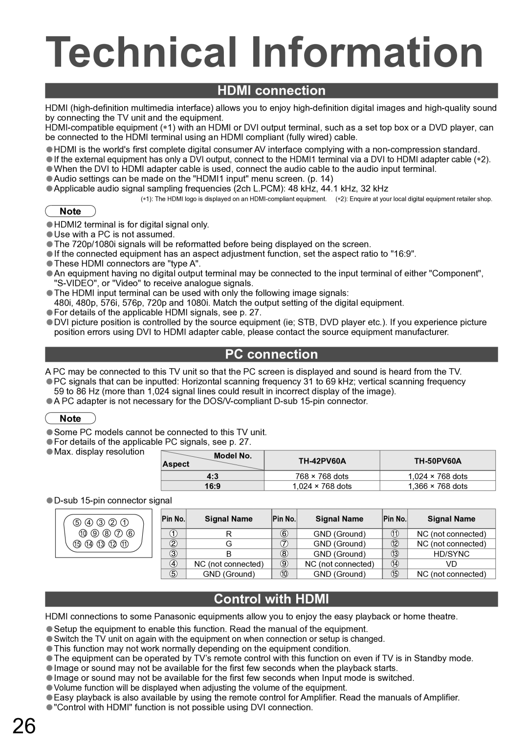 Panasonic TH-42PV60A manual Hdmi connection, PC connection, Control with Hdmi, Sub 15-pin connector signal 