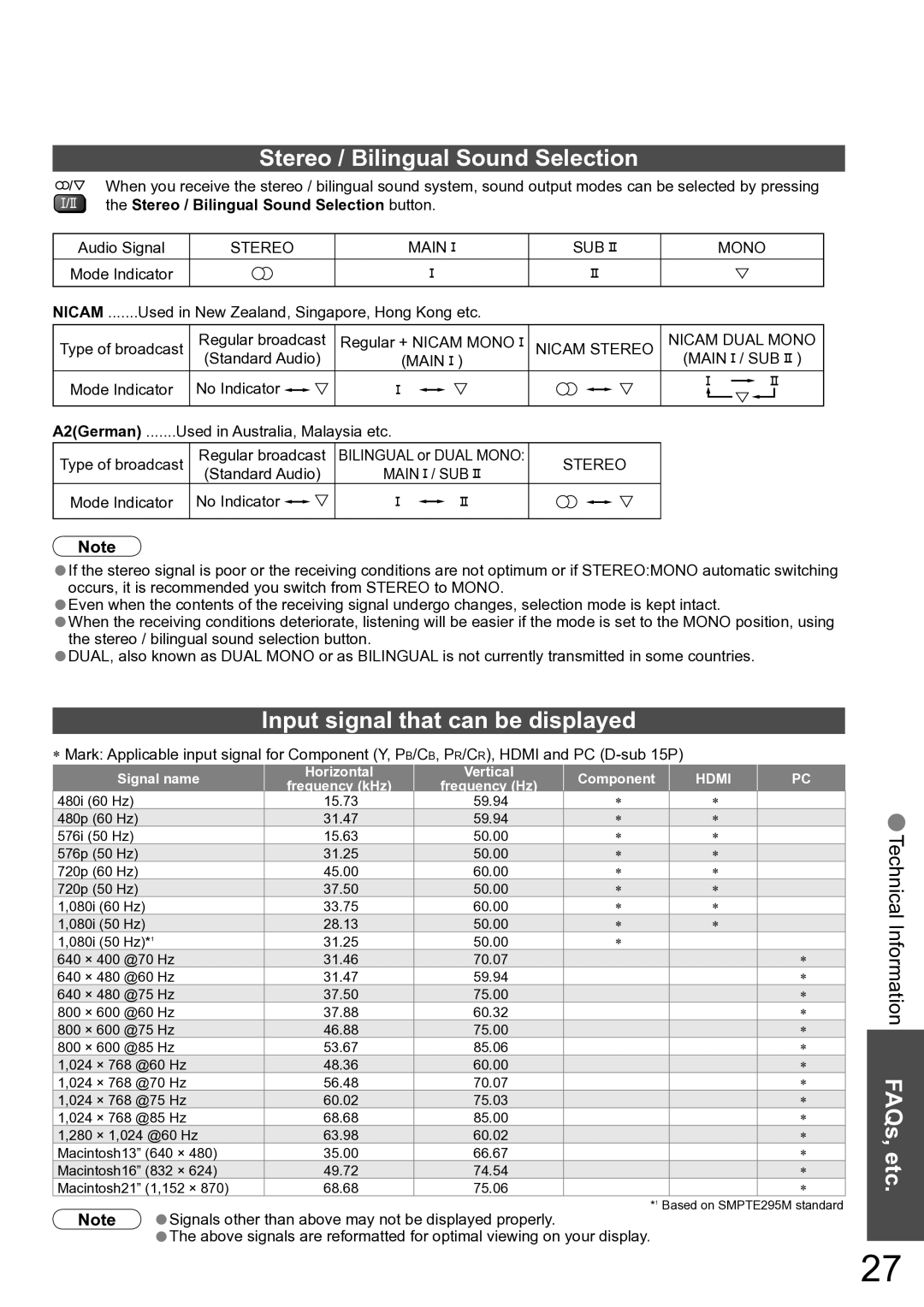 Panasonic TH-42PV60A manual Stereo / Bilingual Sound Selection, Input signal that can be displayed 