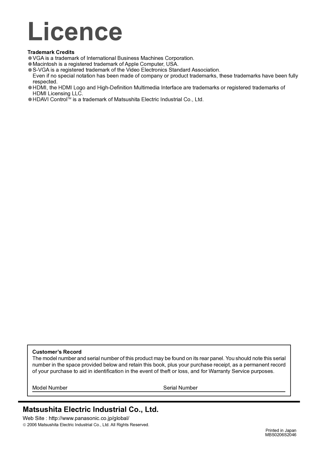 Panasonic TH-42PV60A manual Licence, Trademark Credits, Customer’s Record 