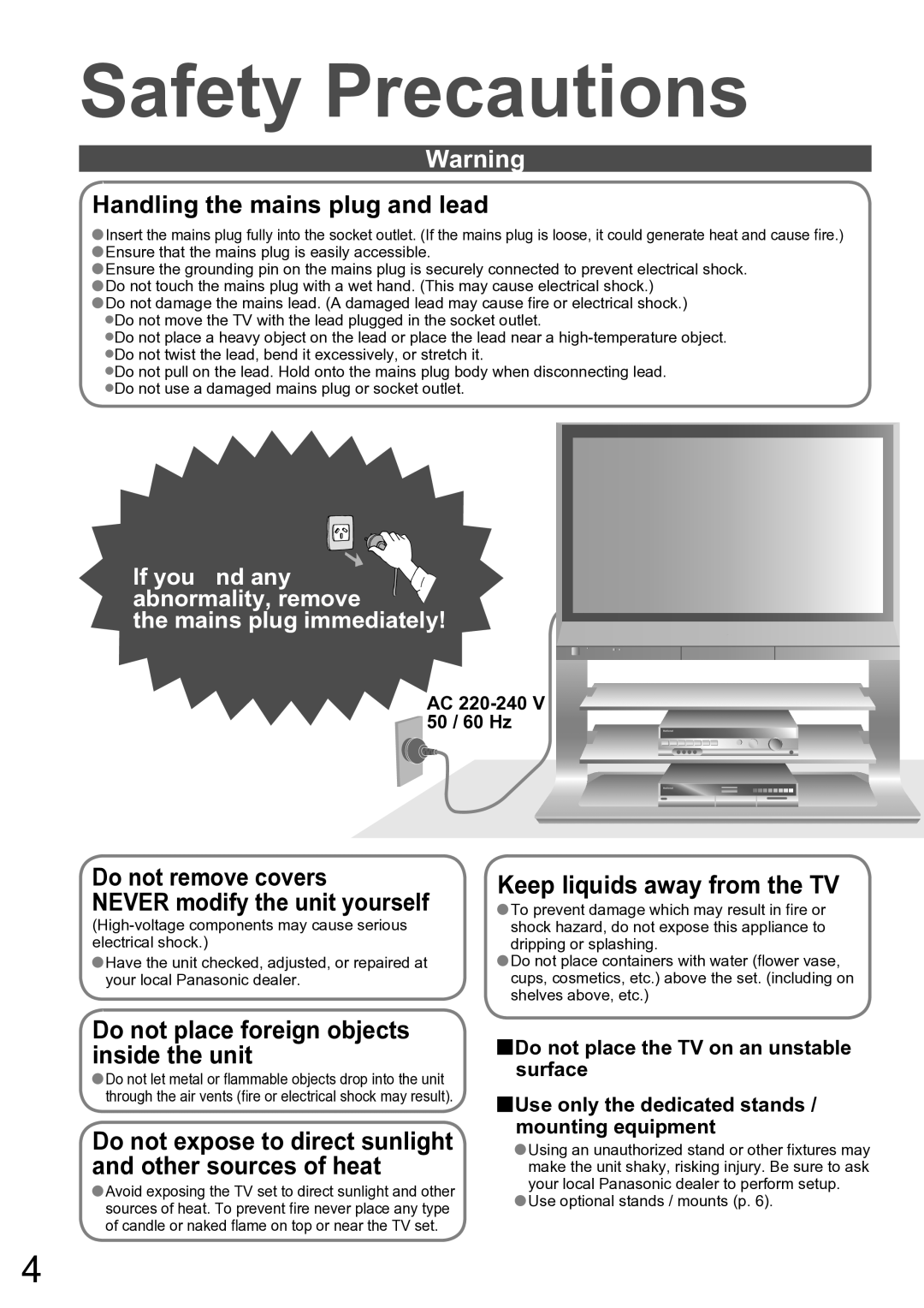 Panasonic TH-42PV60A manual Safety Precautions, If you ﬁnd any abnormality, remove Mains plug immediately 