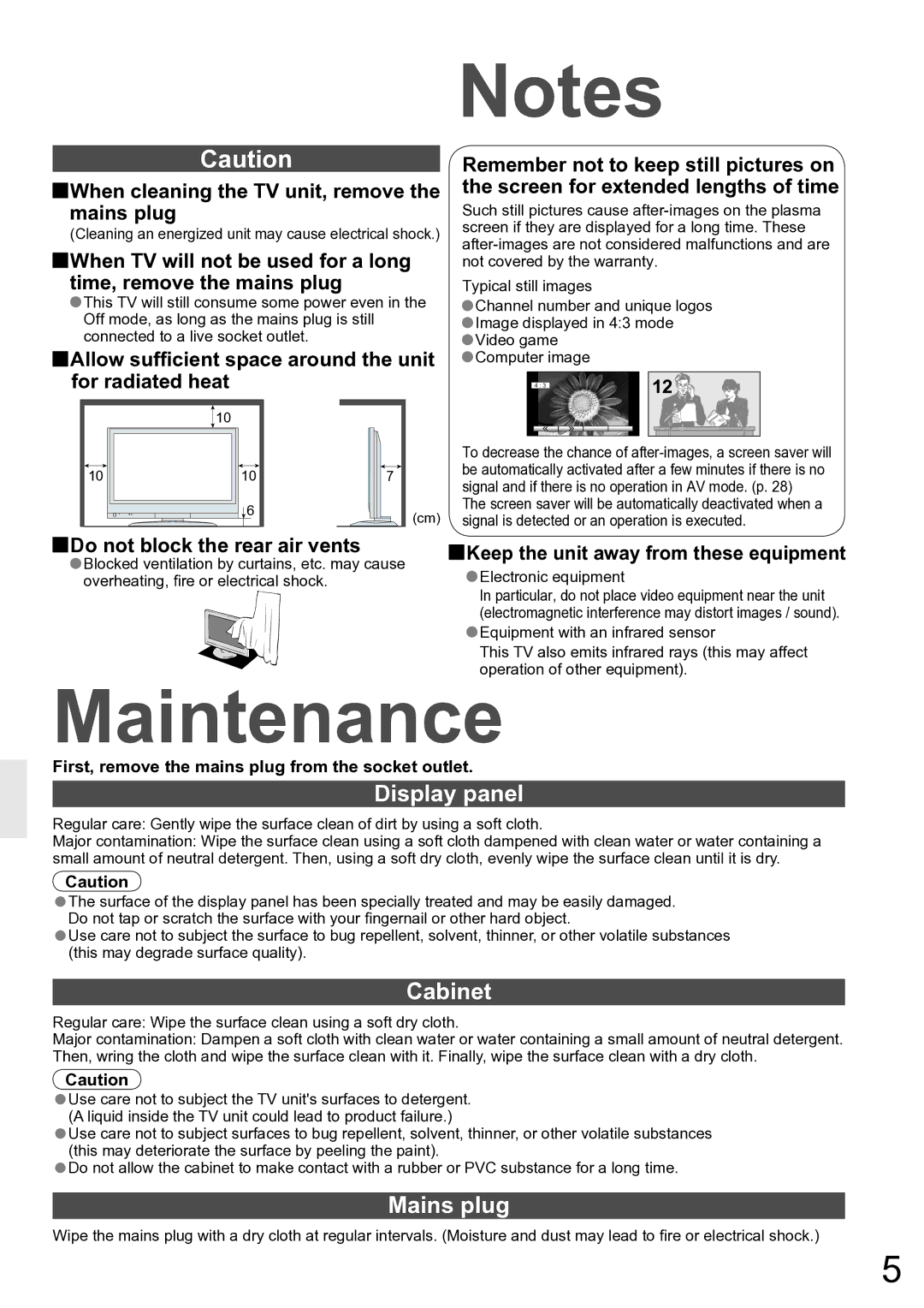 Panasonic TH-42PV60A Maintenance, Display panel, Cabinet, Mains plug, First, remove the mains plug from the socket outlet 