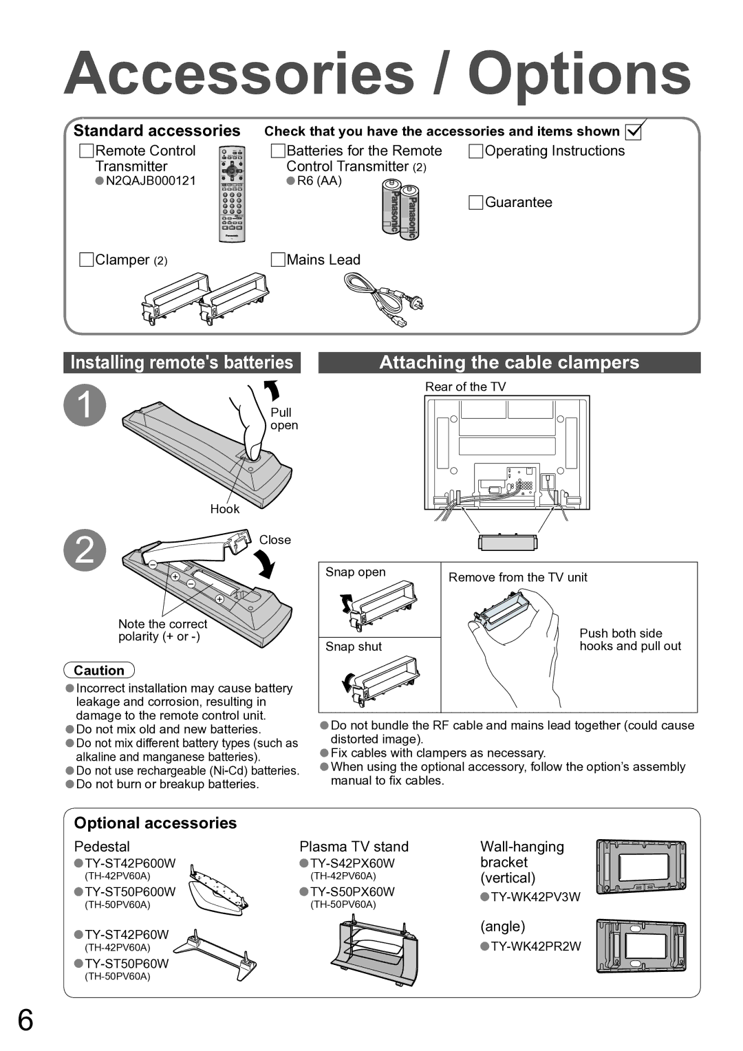 Panasonic TH-42PV60A manual Accessories / Options, Installing remotes batteries, Attaching the cable clampers 