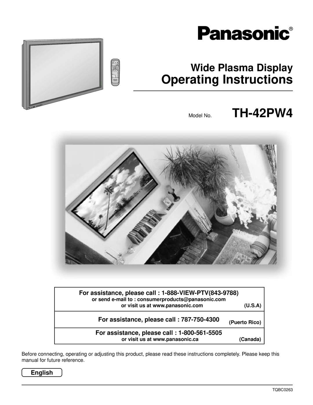 Panasonic TH-42PW4 operating instructions Operating Instructions, Wide Plasma Display, For assistance, please call 