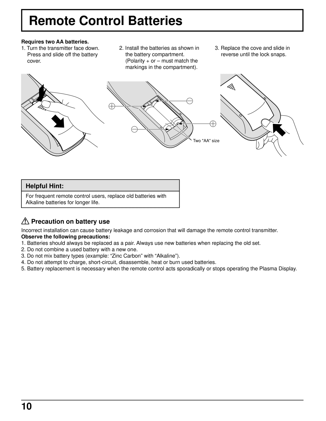 Panasonic TH-42PW4 Remote Control Batteries, Helpful Hint, Precaution on battery use, Requires two AA batteries 