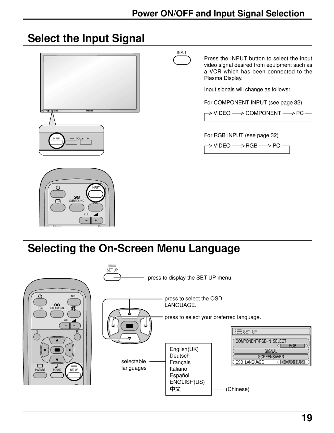 Panasonic TH-42PW4 Select the Input Signal, Selecting the On-Screen Menu Language, Power ON/OFF and Input Signal Selection 