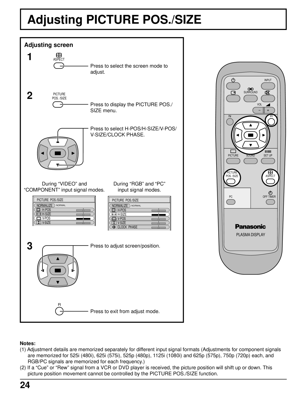 Panasonic TH-42PW4 operating instructions Adjusting Picture POS./SIZE, Adjusting screen, SIZE/CLOCK Phase 