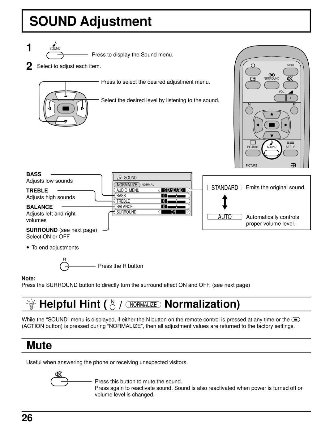 Panasonic TH-42PW4 operating instructions Sound Adjustment, Mute, Bass, Treble, Balance 