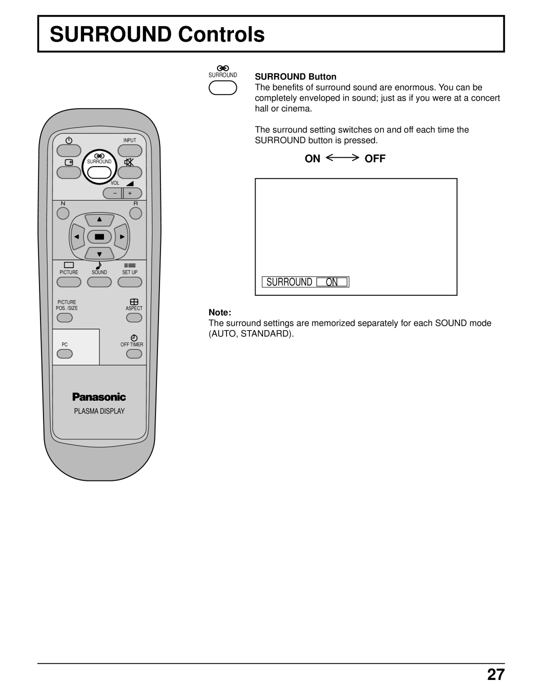 Panasonic TH-42PW4 operating instructions Surround Controls, Surround Surround Button 