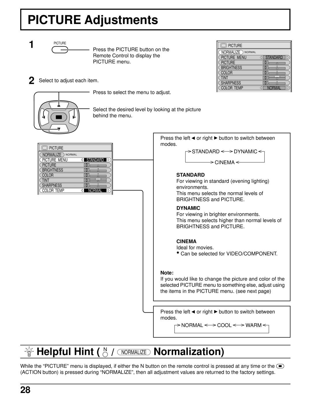 Panasonic TH-42PW4 operating instructions Picture Adjustments, Standard, Dynamic, Cinema 