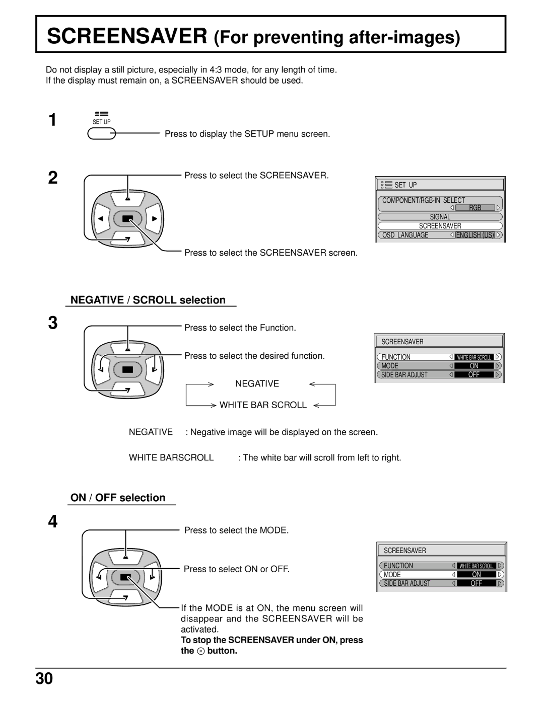 Panasonic TH-42PW4 Screensaver For preventing after-images, Negative / Scroll selection, On / OFF selection 