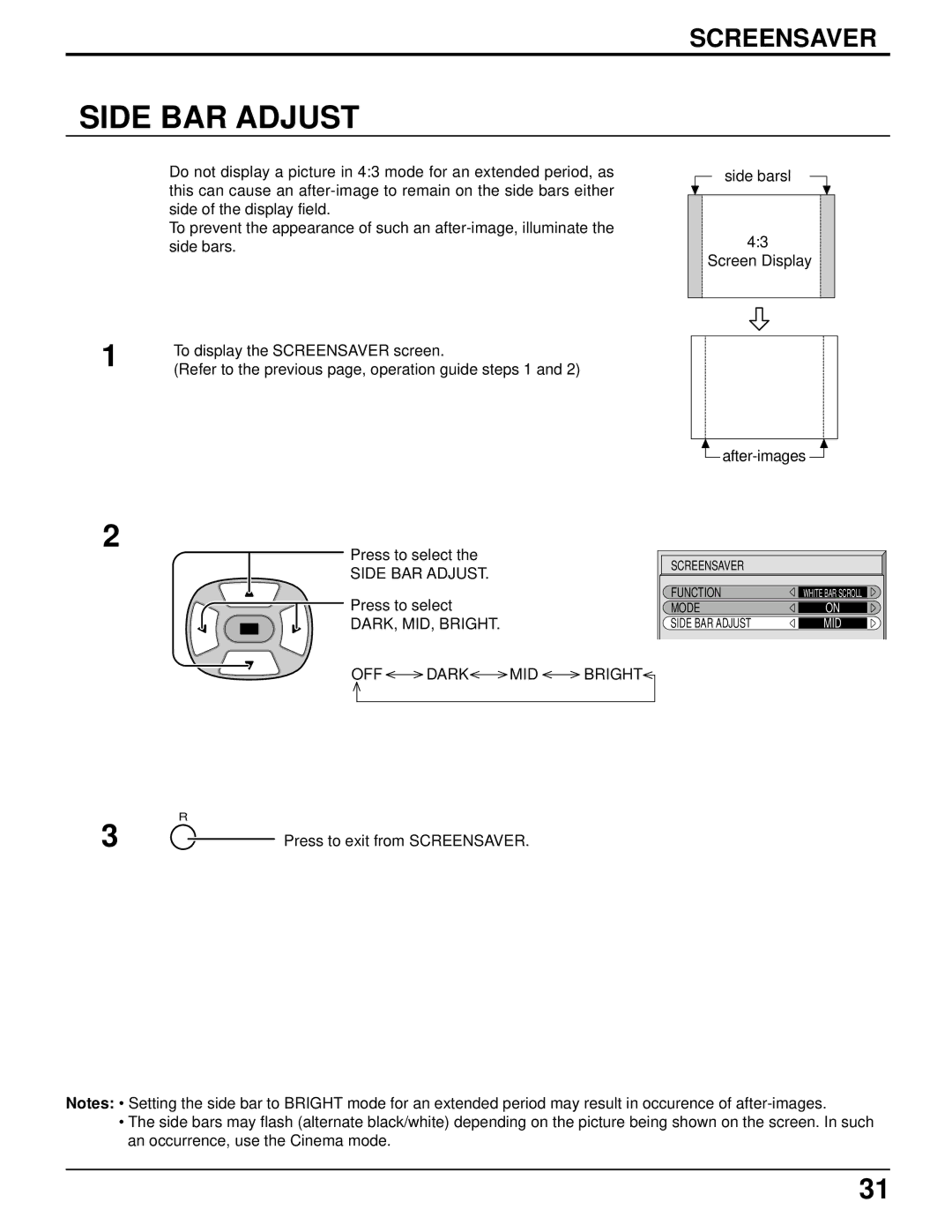 Panasonic TH-42PW4 operating instructions Side BAR Adjust, DARK, MID, Bright OFF Dark MID Bright 