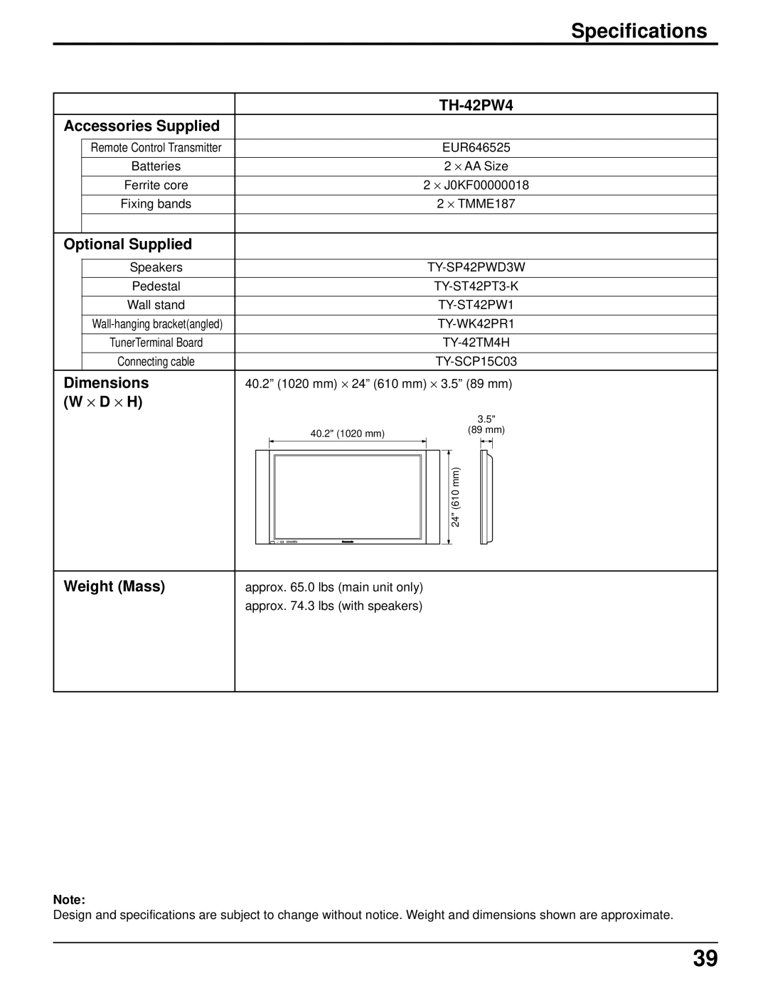 Panasonic TH-42PW4 operating instructions Specifications 