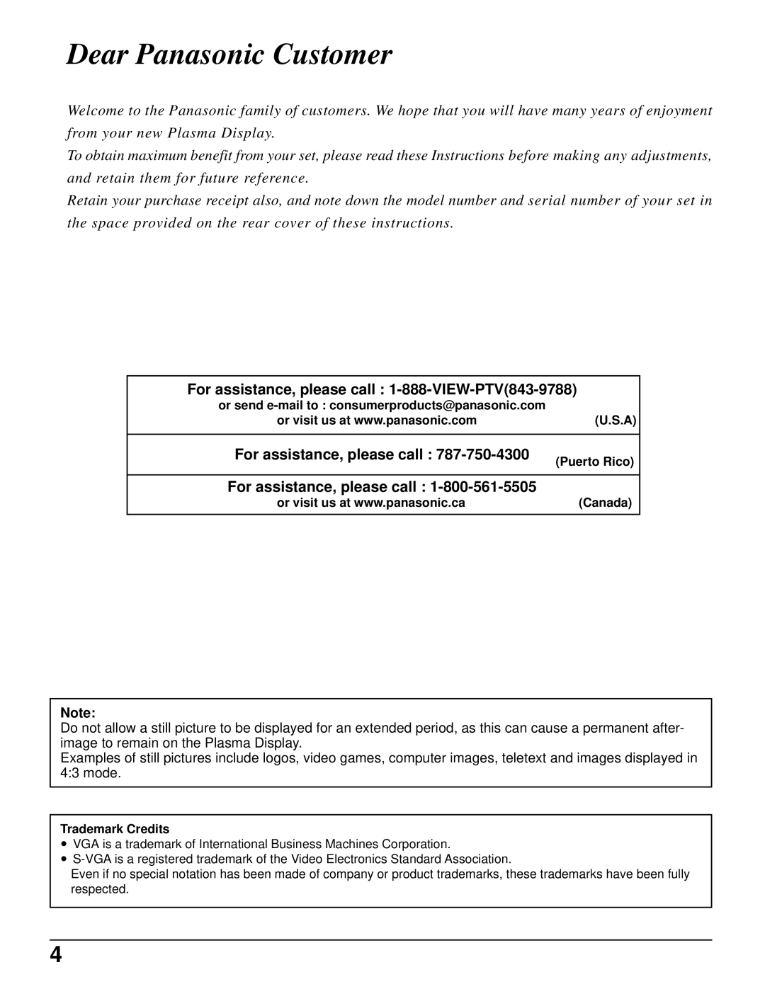 Panasonic TH-42PW4 operating instructions Dear Panasonic Customer, Trademark Credits 