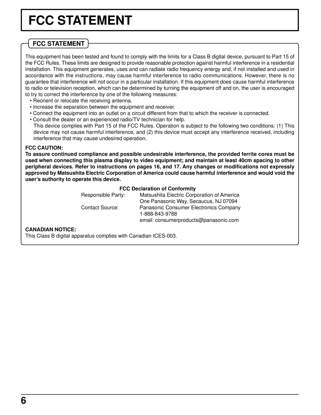 Panasonic TH-42PW4 operating instructions FCC Caution, Canadian Notice 