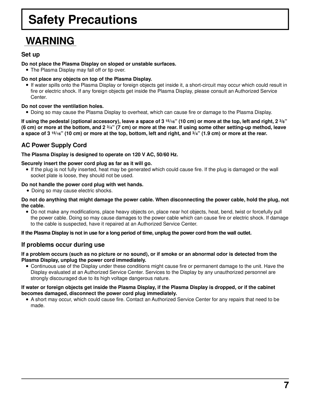 Panasonic TH-42PW4 operating instructions Safety Precautions, Set up, AC Power Supply Cord, If problems occur during use 