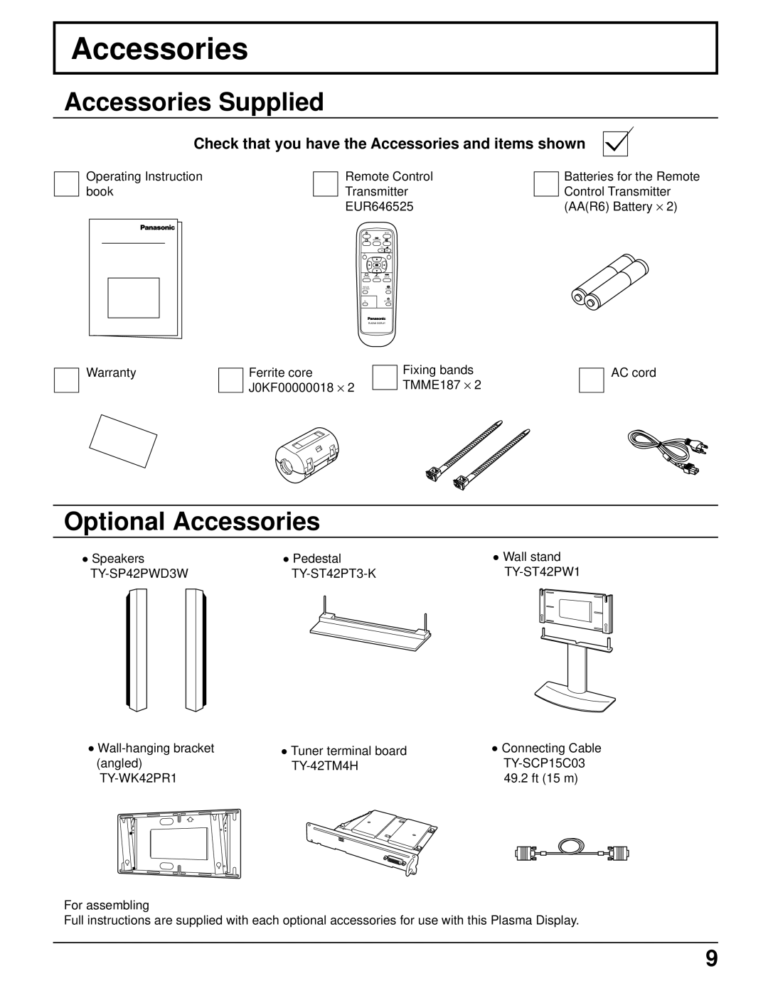 Panasonic TH-42PW4 Accessories Supplied, Optional Accessories, Check that you have the Accessories and items shown 