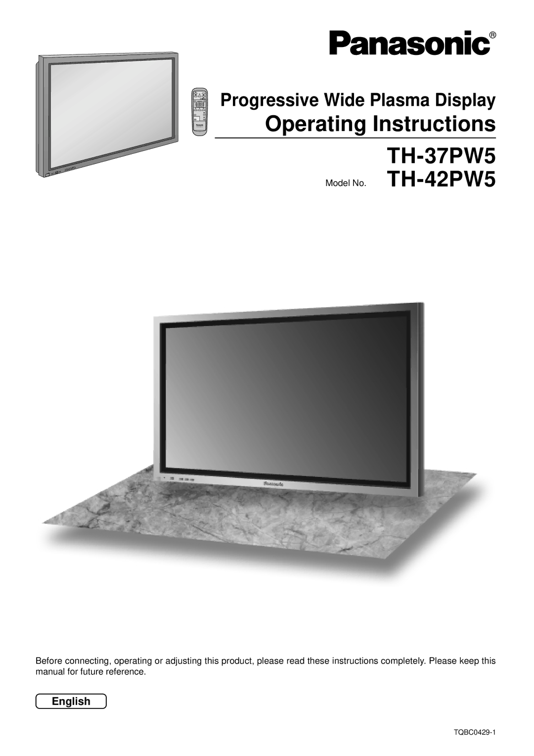 Panasonic TH-42PW5 manual Operating Instructions TH-37PW5, Progressive Wide Plasma Display, English 