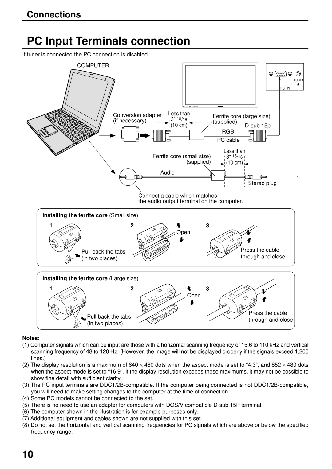 Panasonic TH-42PW5 manual PC Input Terminals connection, Connections, Installing the ferrite core Small size 