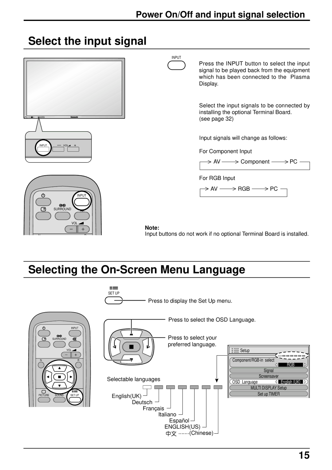 Panasonic TH-42PW5 Select the input signal, Selecting the On-Screen Menu Language, Power On/Off and input signal selection 